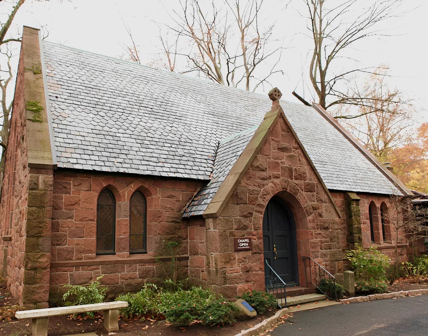 The red sandstone chapel at Brookside Cemetery.