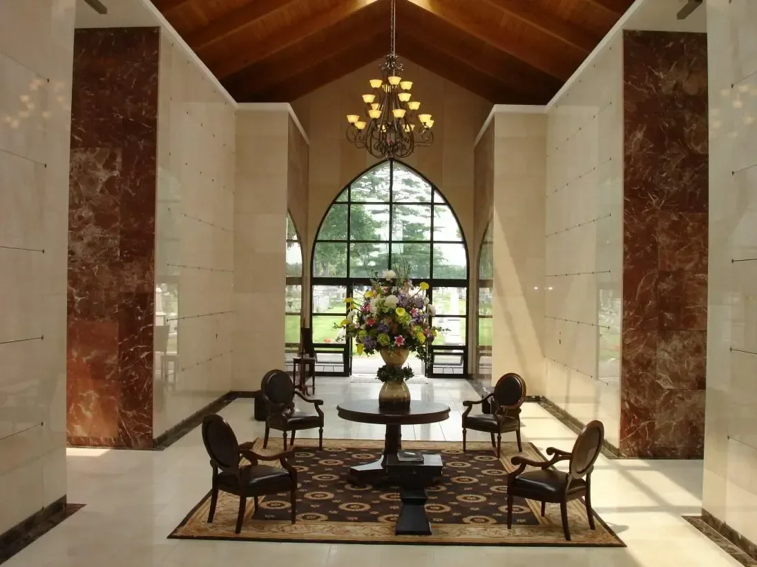 The reception room inside the mausoleum at Fair Lawn Memorial Cemetery.
