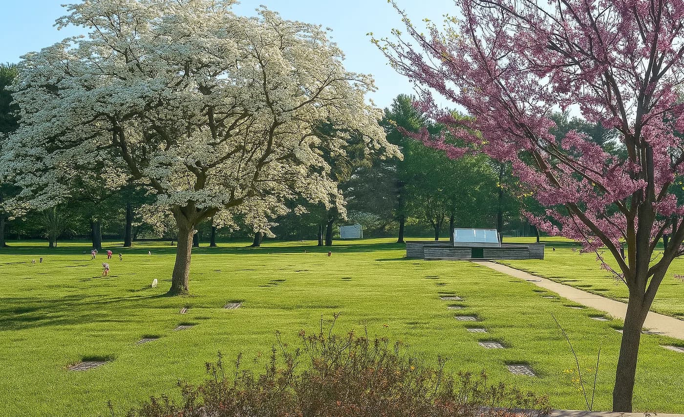 Flowering dogwood and redbud trees on the lawns of Franklin Memorial Park.