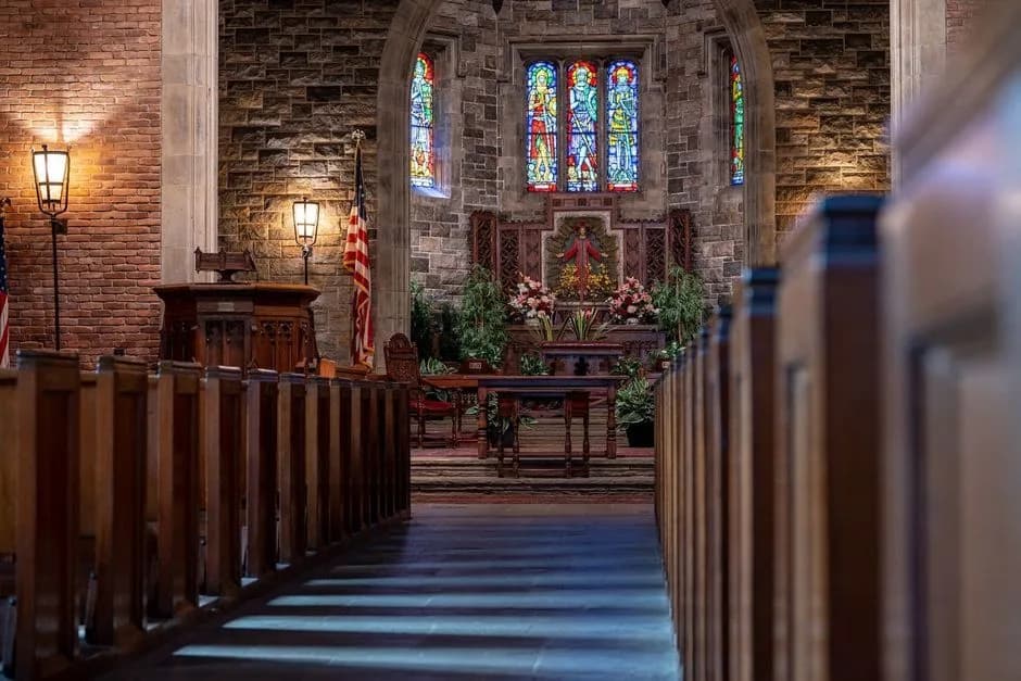 The chapel at Restland Memorial Park, with stained glass above the altar.