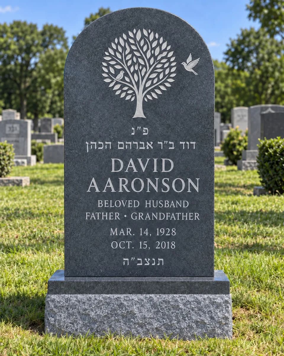 Fox Grey Jewish headstone with a circular Tree of Life carving and two separate birds.