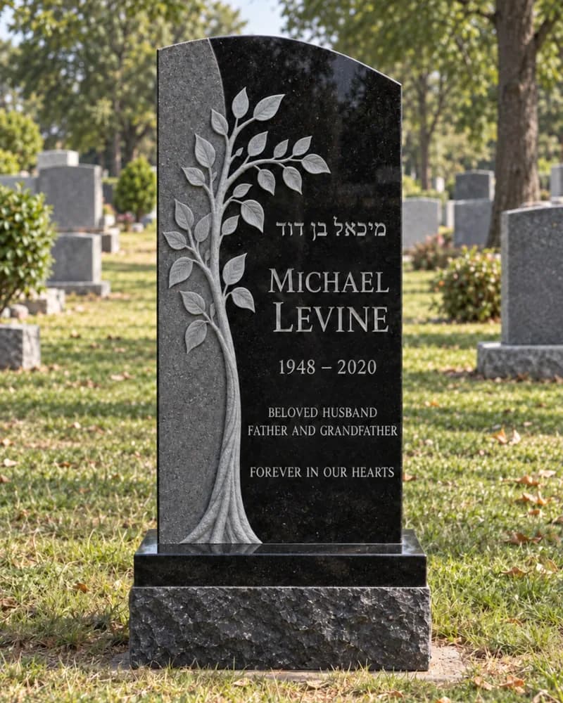 Jet Black Jewish headstone with a sculpted grey tree rising along one side.